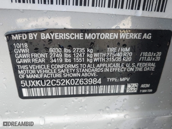 2019 BMW X6 xDrive35i with VIN 5UXKU2C52K0Z63984, listed as a IAAI auction lot 41612265 with 65,634 mi miles. Bid and sale history available at carsss.com. Image 9.