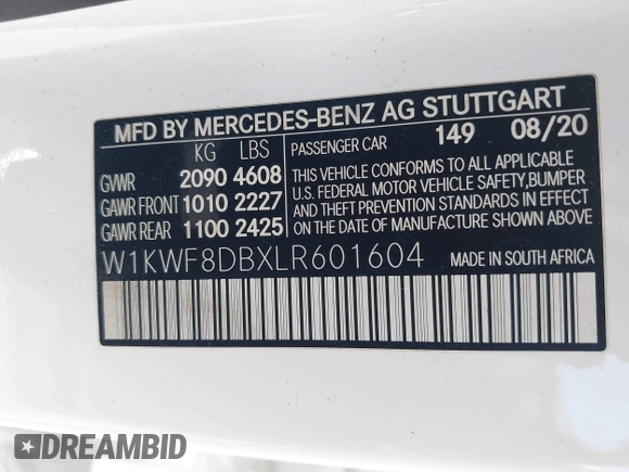 2020 Mercedes-Benz C 300 with VIN W1KWF8DBXLR601604, listed as a IAAI auction lot 42030386 with 56,165 mi miles and . Bid and sale history available at DreamBid. Image 9.