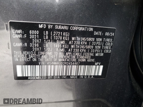 2024 Subaru Ascent Limited z VIN 4S4WMAUD2R3454467, wystawiony jako Copart lot #53124355 z przebiegiem 8 096 mil mil oraz Szkoda całkowita • Salvage title. Historia ofert i sprzedaży dostępna na DreamBid. Obrazek 13.