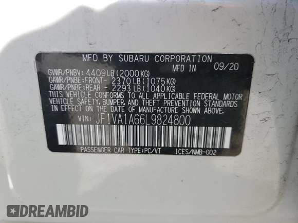 2020 Subaru WRX with VIN JF1VA1A66L9824800, listed as a Copart auction lot 50129495 with 113,314 mi miles and Salvage Title. Bid and sale history available at DreamBid. Image 14.