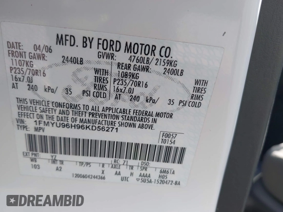 2006 Ford Escape Hybrid with VIN 1FMYU96H96KD56271, listed as a IAAI auction lot 41981621 with 156,825 mi miles and . Bid and sale history available at DreamBid. Image 9.