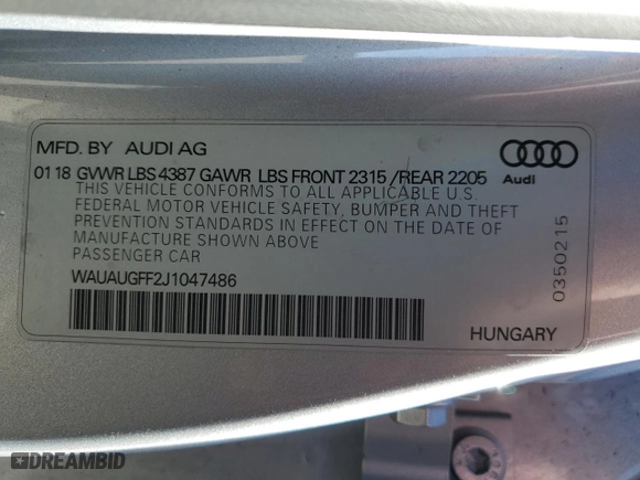 2018 Audi A3 Sedan Premium with VIN WAUAUGFF2J1047486, listed as a Copart auction lot 89321695 with 41,603 mi miles and Salvage Title. Bid and sale history available at carsss.com. Image 12.