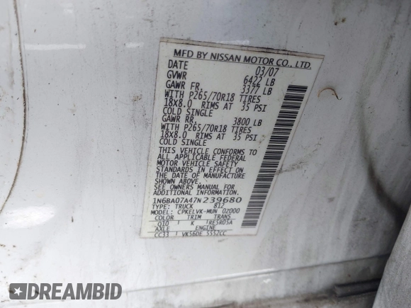 2007 Nissan Titan SE with VIN 1N6BA07A47N239680, listed as a IAAI auction lot 42587660 with 246,387 mi miles and . Bid and sale history available at DreamBid. Image 9.