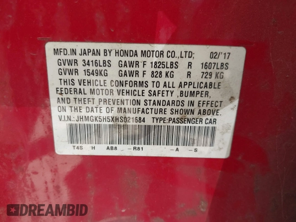 2017 Honda Fit LX with VIN JHMGK5H5XHS021684, listed as a IAAI auction lot 42044811 with 65,000 mi miles. Bid and sale history available at carsss.com. Image 9.