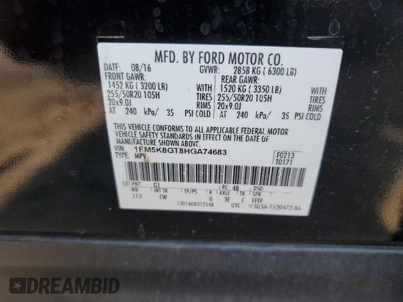 2017 Ford Explorer Sport with VIN 1FM5K8GT8HGA74683, listed as a Copart auction lot 55941375 with 160,898 mi miles and Salvage title. Bid and sale history available at DreamBid. Image 12.