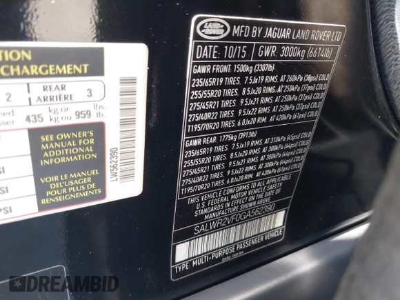 2016 Land Rover Range Rover Sport HSE with VIN SALWR2VF0GA562390, listed as a IAAI auction lot 42819528 with 80,734 mi miles and . Bid and sale history available at DreamBid. Image 9.