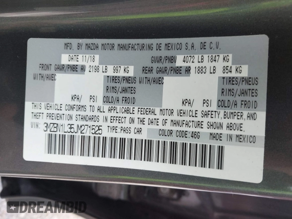 2018 Mazda 3 Touring z VIN 3MZBN1L35JM271525, wystawiony jako IAAI lot #42112552 z przebiegiem 107 299 mil mil oraz . Historia ofert i sprzedaży dostępna na DreamBid. Obrazek 9.