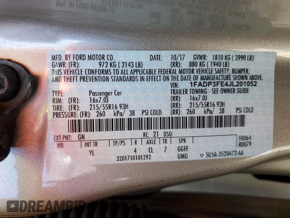 2018 Ford Focus SE with VIN 1FADP3FE4JL201052, listed as a Copart auction lot 51893595 with 87,627 mi miles and Salvage Title. Bid and sale history available at carsss.com. Image 13.