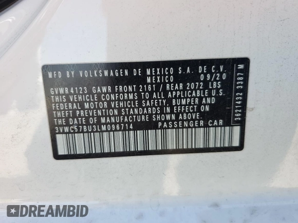 2020 Volkswagen Jetta S с VIN 3VWC57BU3LM096714, выставлен на аукционе Copart как лот 54970625 с пробегом 91 425 миль миль и Списание • Salvage title. История ставок и продаж доступна на DreamBid. Изображение 13.