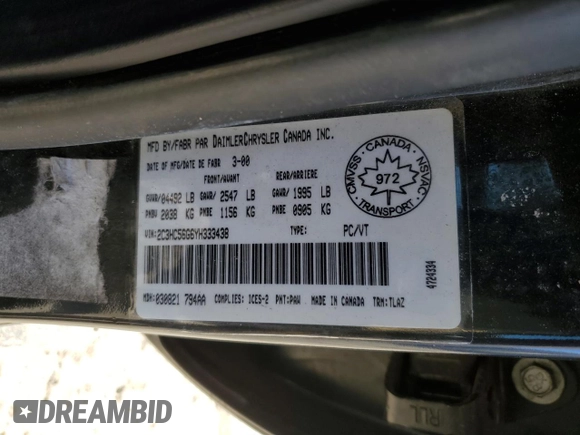 2000 Chrysler LHS with VIN 2C3HC56G6YH333438, listed as a Copart auction lot 50372495 with 97,826 mi miles and Salvage Title. Bid and sale history available at DreamBid. Image 12.