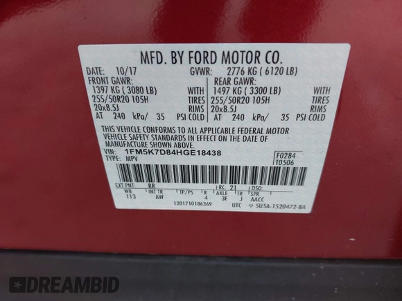 2017 Ford Explorer XLT with VIN 1FM5K7D84HGE18438, listed as a IAAI auction lot 42311925 with 134,650 mi miles and . Bid and sale history available at DreamBid. Image 9.