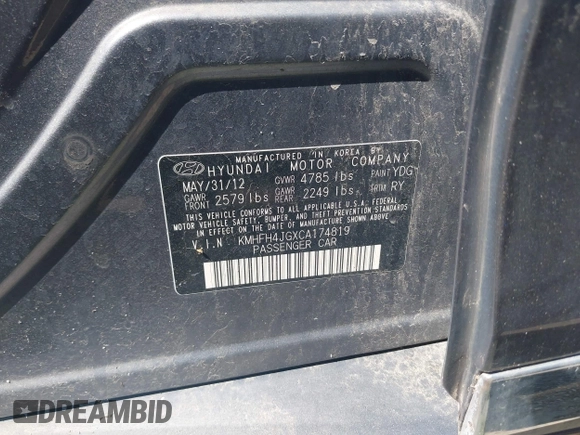 2012 Hyundai Azera with VIN KMHFH4JGXCA174819, listed as a IAAI auction lot 42579424 with 160,896 mi miles and . Bid and sale history available at DreamBid. Image 9.