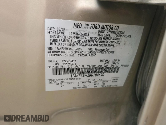 2008 Ford Taurus Limited with VIN 1FAHP25WX8G104690, listed as a Copart auction lot 45486635 with 131,369 mi miles and Salvage Title. Bid and sale history available at DreamBid. Image 12.