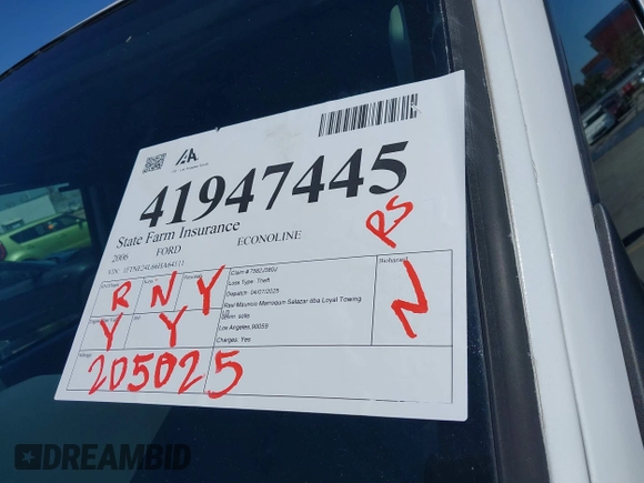 2006 Ford Econoline Cargo with VIN 1FTNE24L66HA64111, listed as a IAAI auction lot 41947445 with 205,025 mi miles and . Bid and sale history available at DreamBid. Image 16.