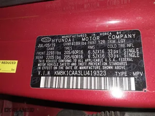 2020 Hyundai Kona SE with VIN KM8K1CAA3LU419323, listed as a IAAI auction lot 41572879 with 84,077 mi miles. Bid and sale history available at carsss.com. Image 9.