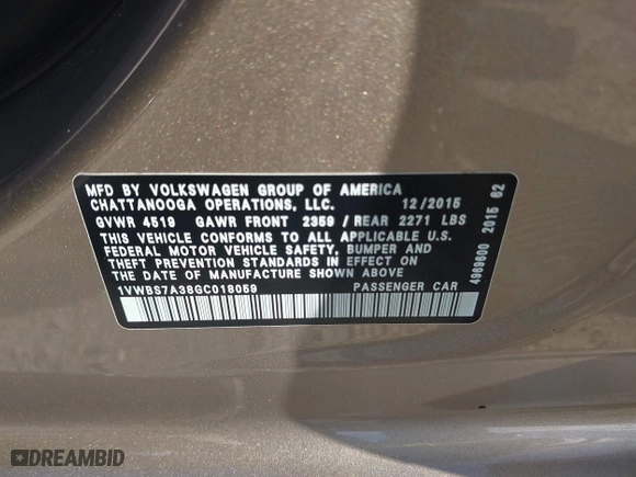 2016 Volkswagen Passat 1.8T SE w/Technology with VIN 1VWBS7A38GC018059, listed as a IAAI auction lot 41684959 with 44,850 mi miles. Bid and sale history available at carsss.com. Image 9.