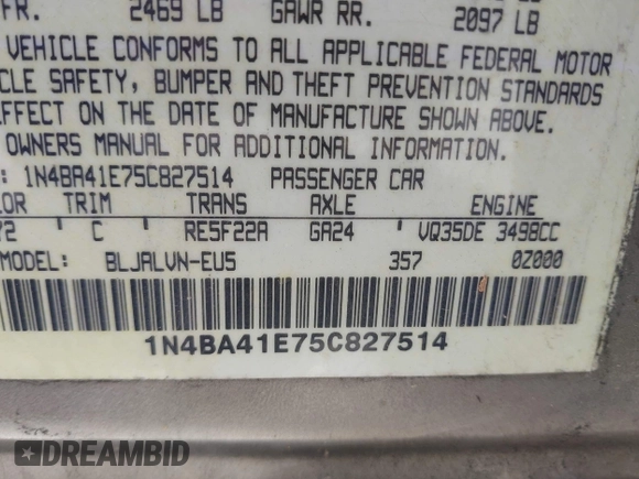 2005 Nissan Maxima SL with VIN 1N4BA41E75C827514, listed as a IAAI auction lot 42278792 with 211,365 mi miles and . Bid and sale history available at DreamBid. Image 9.