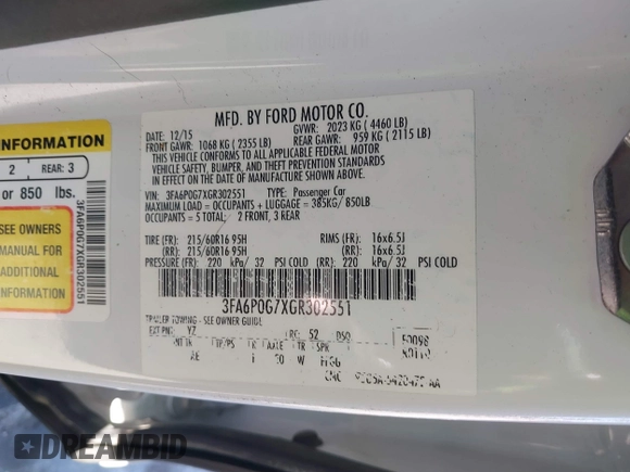2016 Ford Fusion S with VIN 3FA6P0G7XGR302551, listed as a IAAI auction lot 41847453 with 99,058 mi miles. Bid and sale history available at carsss.com. Image 9.