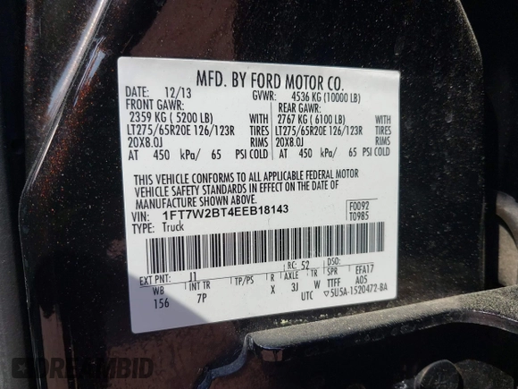 2014 Ford F-250 XL with VIN 1FT7W2BT4EEB18143, listed as a IAAI auction lot 42435794 with 173,439 mi miles and . Bid and sale history available at DreamBid. Image 9.