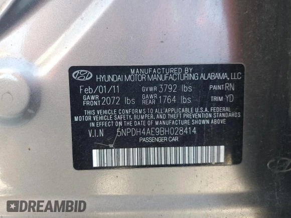 2011 Hyundai Elantra Limited with VIN 5NPDH4AE9BH028414, listed as a Copart auction lot 87809005 with 160,822 mi miles and Salvage title. Bid and sale history available at DreamBid. Image 12.