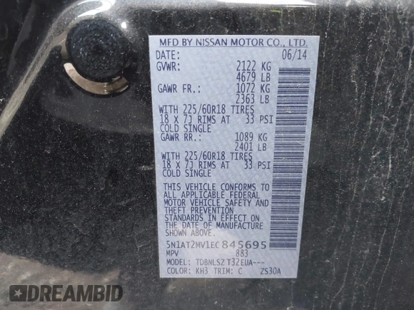 2014 Nissan Rogue SL with VIN 5N1AT2MV1EC845695, listed as a IAAI auction lot 41459067 with 1 mi miles. Bid and sale history available at carsss.com. Image 9.