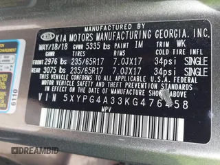 2019 Kia Sorento LX with VIN 5XYPG4A33KG476458, listed as a IAAI auction lot 41822014 with 103,501 mi miles. Bid and sale history available at carsss.com. Image 9.