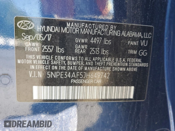 2018 Hyundai Sonata SEL z VIN 5NPE34AF5JH649742, wystawiony jako Copart lot #56177975 z przebiegiem 34 091 mil mil oraz Szkoda całkowita • Salvage title. Historia ofert i sprzedaży dostępna na DreamBid. Obrazek 13.