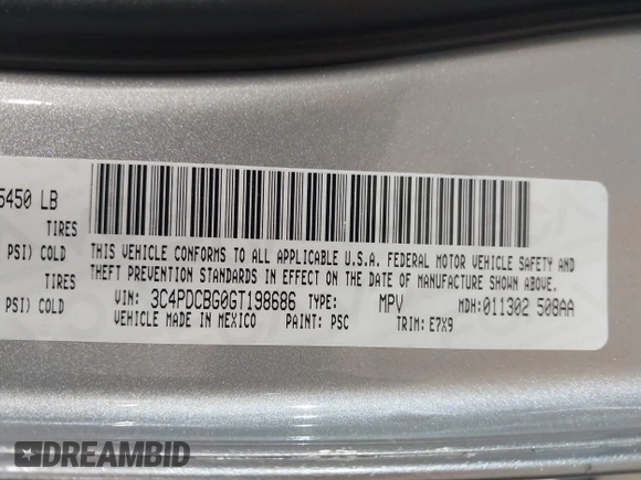 2016 Dodge Journey SXT with VIN 3C4PDCBG0GT198686, listed as a IAAI auction lot 41561007 with 85,289 mi miles. Bid and sale history available at carsss.com. Image 9.