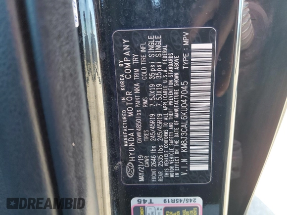 2019 Hyundai Tucson Ultimate with VIN KM8J3CAL6KU047045, listed as a Copart auction lot 50370685 with 53,142 mi miles and Salvage Title. Bid and sale history available at carsss.com. Image 14.