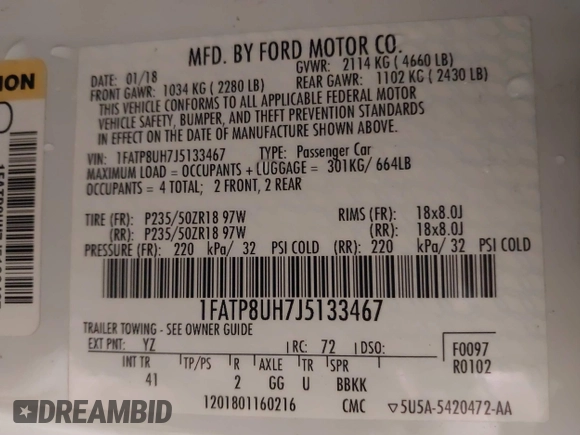 2018 Ford Mustang EcoBoost Premium with VIN 1FATP8UH7J5133467, listed as a IAAI auction lot 41091803 with 75,788 mi miles and . Bid and sale history available at carsss.com. Image 9.