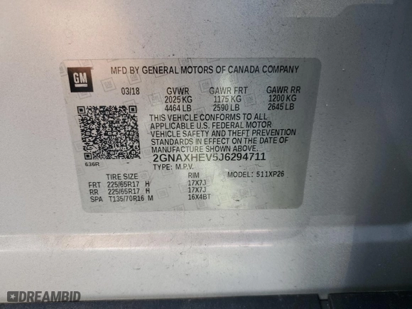 2018 Chevrolet Equinox LS with VIN 2GNAXHEV5J6294711, listed as a Copart auction lot 49173165 with 61,972 mi miles and Salvage Title. Bid and sale history available at carsss.com. Image 13.