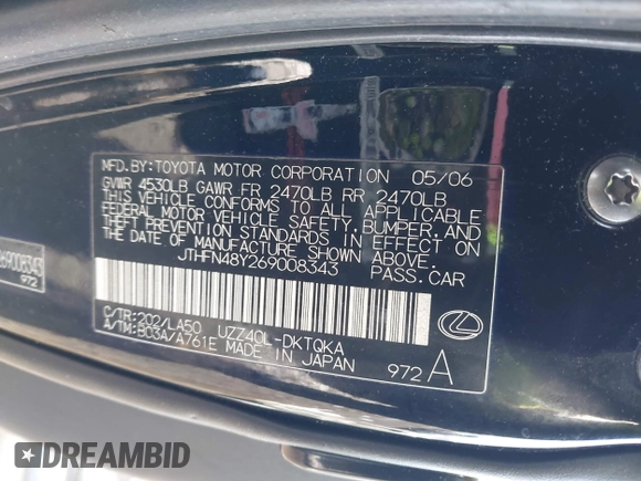 2006 Lexus SC 430 z VIN JTHFN48Y269008343, wystawiony jako IAAI lot #41233248 z przebiegiem 211 487 mil mil oraz . Historia ofert i sprzedaży dostępna na DreamBid. Obrazek 9.
