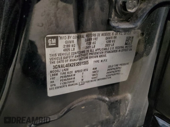 2014 Chevrolet Captiva Sport LTZ with VIN 3GNAL4EK2ES591565, listed as a Copart auction lot 56344045 with 143,489 mi miles and Clean Title. Bid and sale history available at DreamBid. Image 13.
