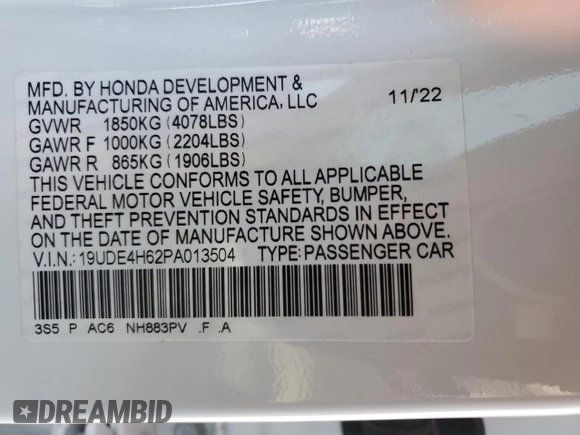 2023 Acura Integra Technology with VIN 19UDE4H62PA013504, listed as a Copart auction lot 57128995 with 7,913 mi miles and Salvage title. Bid and sale history available at DreamBid. Image 12.