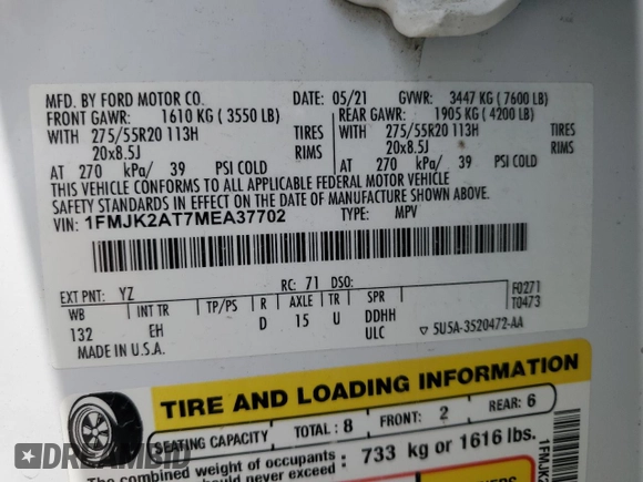 2021 Ford Expedition Max Limited with VIN 1FMJK2AT7MEA37702, listed as a Copart auction lot 54163245 with Not Provided miles and Non Repairable. Bid and sale history available at DreamBid. Image 13.