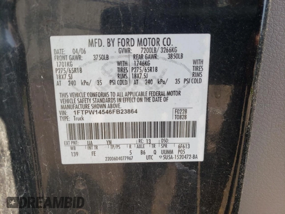 2006 Ford F-150 XLT with VIN 1FTPW14546FB23864, listed as a Copart auction lot 59728025 with 173,837 mi miles and Clean title. Bid and sale history available at DreamBid. Image 13.