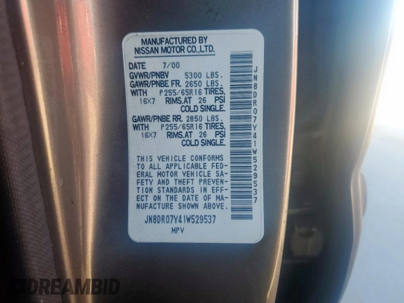 2001 Nissan Pathfinder LE z VIN JN8DR07Y41W529537, wystawiony jako Copart lot #46712895 z przebiegiem Nie podano mil oraz Szkoda całkowita • Salvage title. Historia ofert i sprzedaży dostępna na DreamBid. Obrazek 13.
