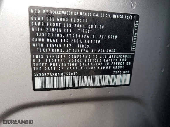 2022 Volkswagen Tiguan S with VIN 3VV0B7AX0NM057030, listed as a Copart auction lot 43189195 with 34,015 mi miles and Salvage Title. Bid and sale history available at carsss.com. Image 16.