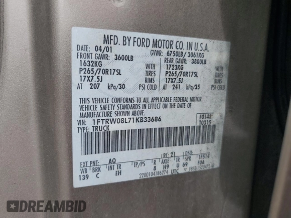2001 Ford F-150 XLT z VIN 1FTRW08L71KB33686, wystawiony jako Copart lot #58133455 z przebiegiem 248 370 mil mil oraz Szkoda całkowita • Salvage title. Historia ofert i sprzedaży dostępna na DreamBid. Obrazek 12.