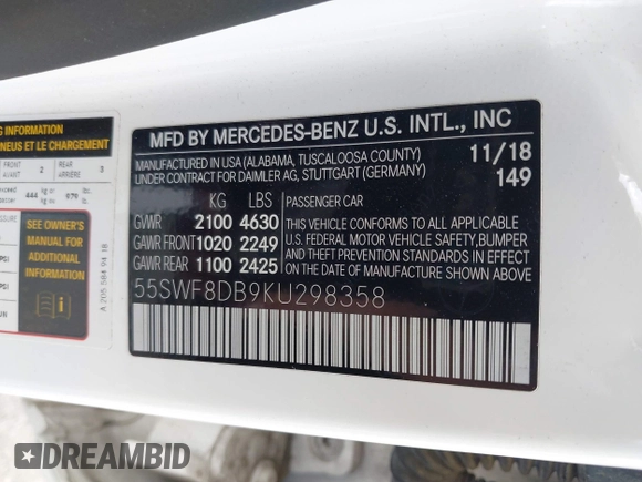 2019 Mercedes-Benz C 300 with VIN 55SWF8DB9KU298358, listed as a IAAI auction lot 42116694 with 73,705 mi miles and . Bid and sale history available at DreamBid. Image 9.