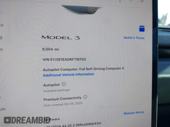 2024 Tesla Model 3 with VIN 5YJ3E1EA0RF718703, listed as a IAAI auction lot 41278243 with 6,504 mi miles. Bid and sale history available at carsss.com. Image 7.