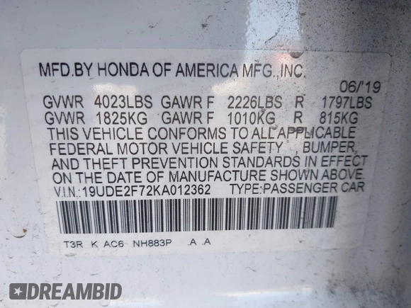 2019 Acura ILX Premium with VIN 19UDE2F72KA012362, listed as a IAAI auction lot 41449524 with 35,682 mi miles and . Bid and sale history available at DreamBid. Image 9.