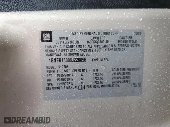 2008 Chevrolet Tahoe 1LT with VIN 1GNFK13008J226896, listed as a Copart auction lot 45301955 with Not provided miles and Salvage title. Bid and sale history available at DreamBid. Image 13.