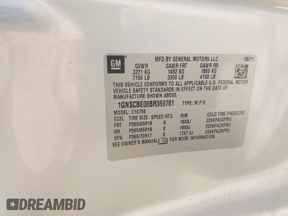 2011 Chevrolet Tahoe LT with VIN 1GNSCBE08BR369781, listed as a IAAI auction lot 42207208 with 162,038 mi miles and . Bid and sale history available at DreamBid. Image 9.