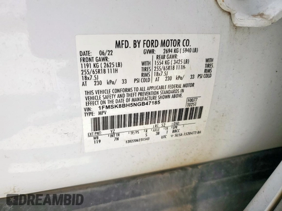 2022 Ford Explorer с VIN 1FMSK8BH5NGB47185, выставлен на аукционе Copart как лот 62502415 с пробегом 35 471 миль миль и Списание • Salvage title. История ставок и продаж доступна на DreamBid. Изображение 13.