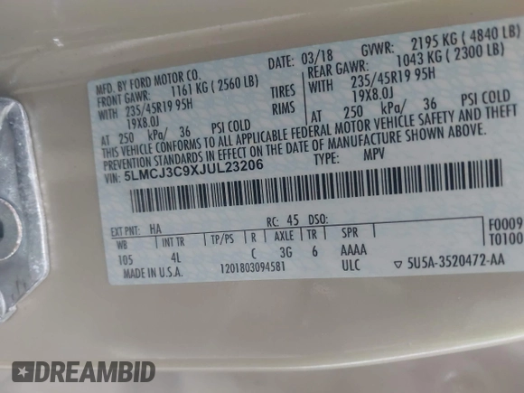 2018 Lincoln MKC Reserve с VIN 5LMCJ3C9XJUL23206, выставлен на аукционе IAAI как лот 42411951 с пробегом 60 904 миль миль и . История ставок и продаж доступна на DreamBid. Изображение 9.