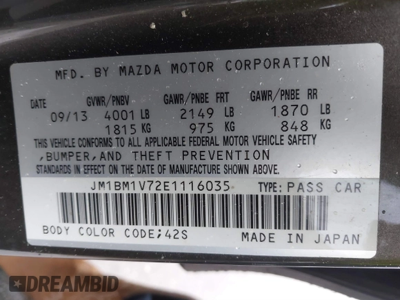 2014 Mazda 3 i Touring with VIN JM1BM1V72E1116035, listed as a IAAI auction lot 41378819 with 155,024 mi miles and . Bid and sale history available at DreamBid. Image 9.