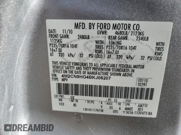 2011 Mercury Mariner Premier with VIN 4M2CN9HG4BKJ08207, listed as a Copart auction lot 54797505 with 227,898 mi miles and Salvage title. Bid and sale history available at DreamBid. Image 13.
