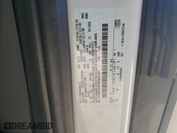 2024 Ford Transit Cargo with VIN 1FTBR1C87RKB33457, listed as a Copart auction lot 49390855 with 5,893 mi miles and Salvage Title. Bid and sale history available at DreamBid. Image 12.