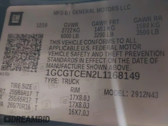 2020 Chevrolet Colorado 4WD LT with VIN 1GCGTCEN2L1168149, listed as a IAAI auction lot 41282795 with 141,249 mi miles and . Bid and sale history available at DreamBid. Image 9.